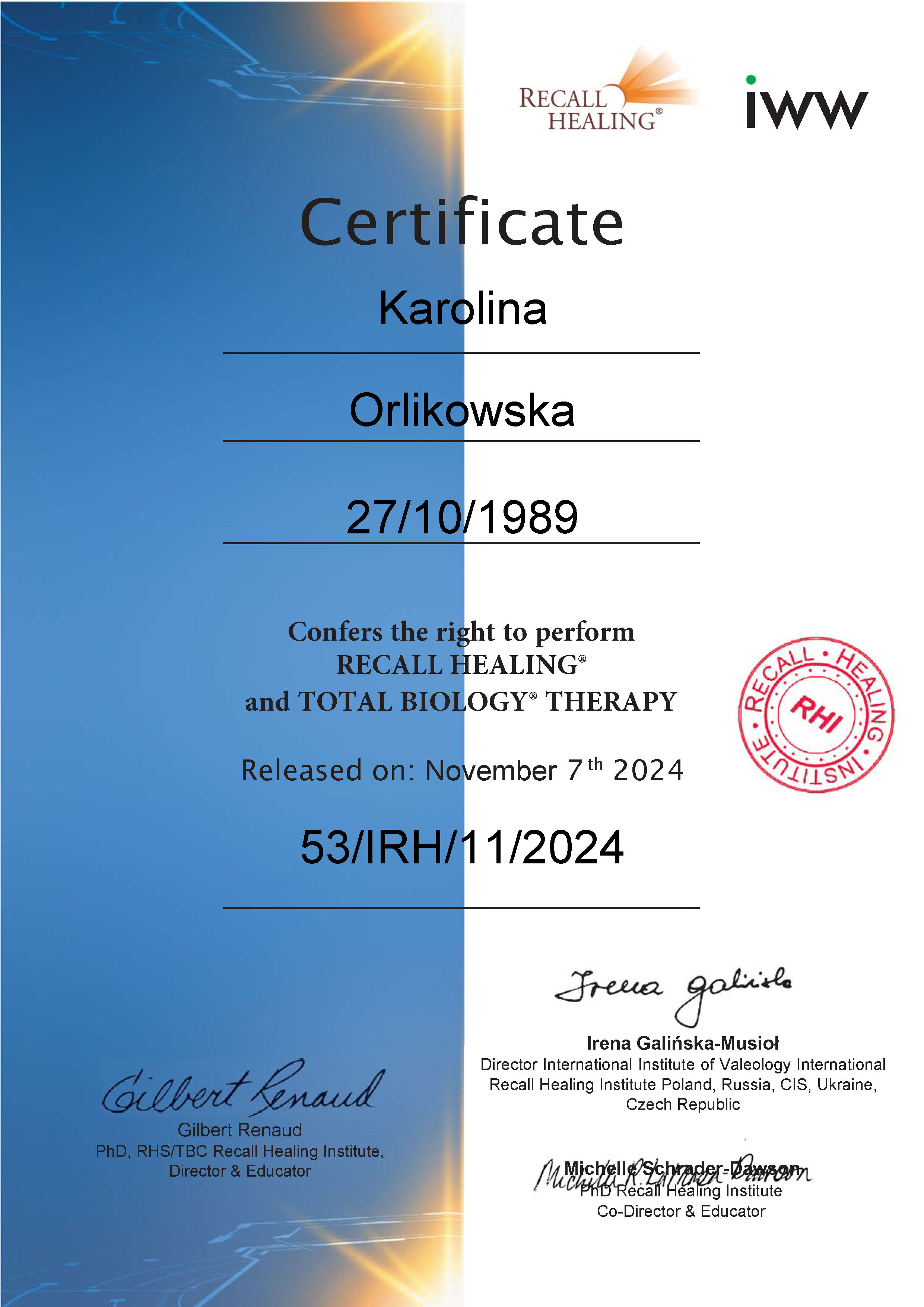 Recall Healing Consultant Certificate